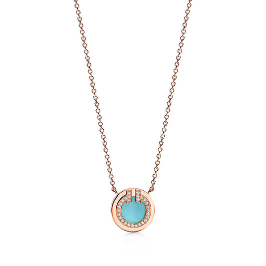 Tiffany Diamond & Turquoise Circle Pendant 18K Gold Necklace