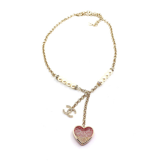 Chanel Pink Heart Diamonds 18K Gold Necklace