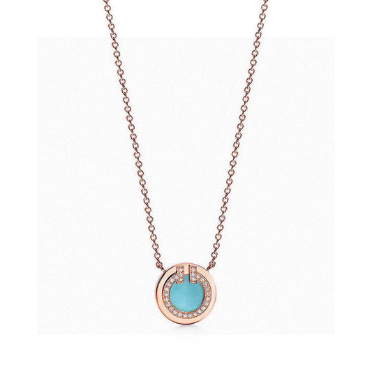 Tiffany Diamond & Turquoise Circle Pendant 18K Gold Necklace