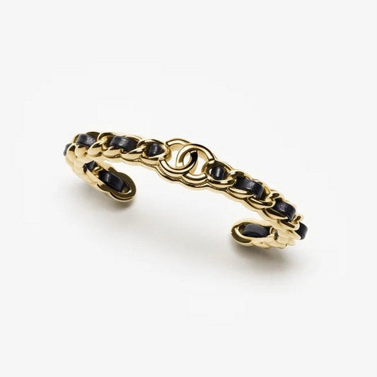Chanel Black Leather Cuff 18K Gold Bracelet