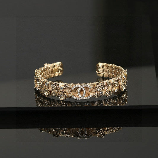 Chanel Flower Diamond Cuff 18K Gold Bracelet