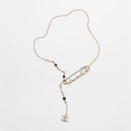 Chanel Rhinestone Pearl Letter 18K Gold Necklace