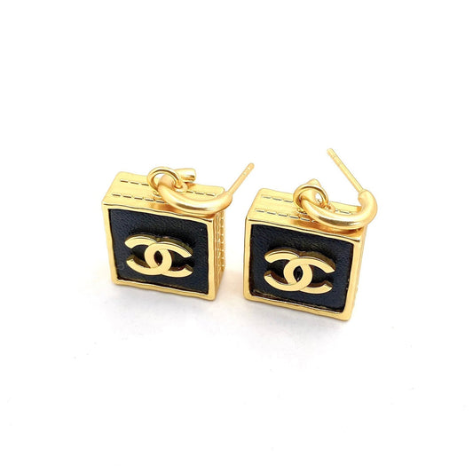 Chanel Black Bag Pendant 18K Gold Earrings