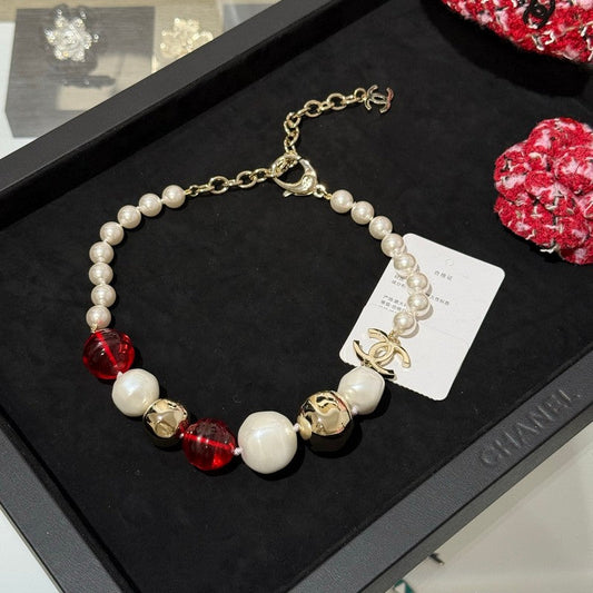 Chanel Red Crystal Pearl Choker 18K Gold Necklace
