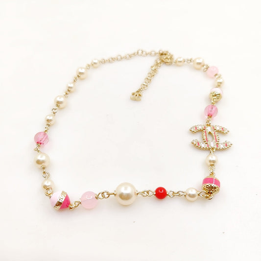 Chanel Pink & White Pearls 18K Gold Necklace