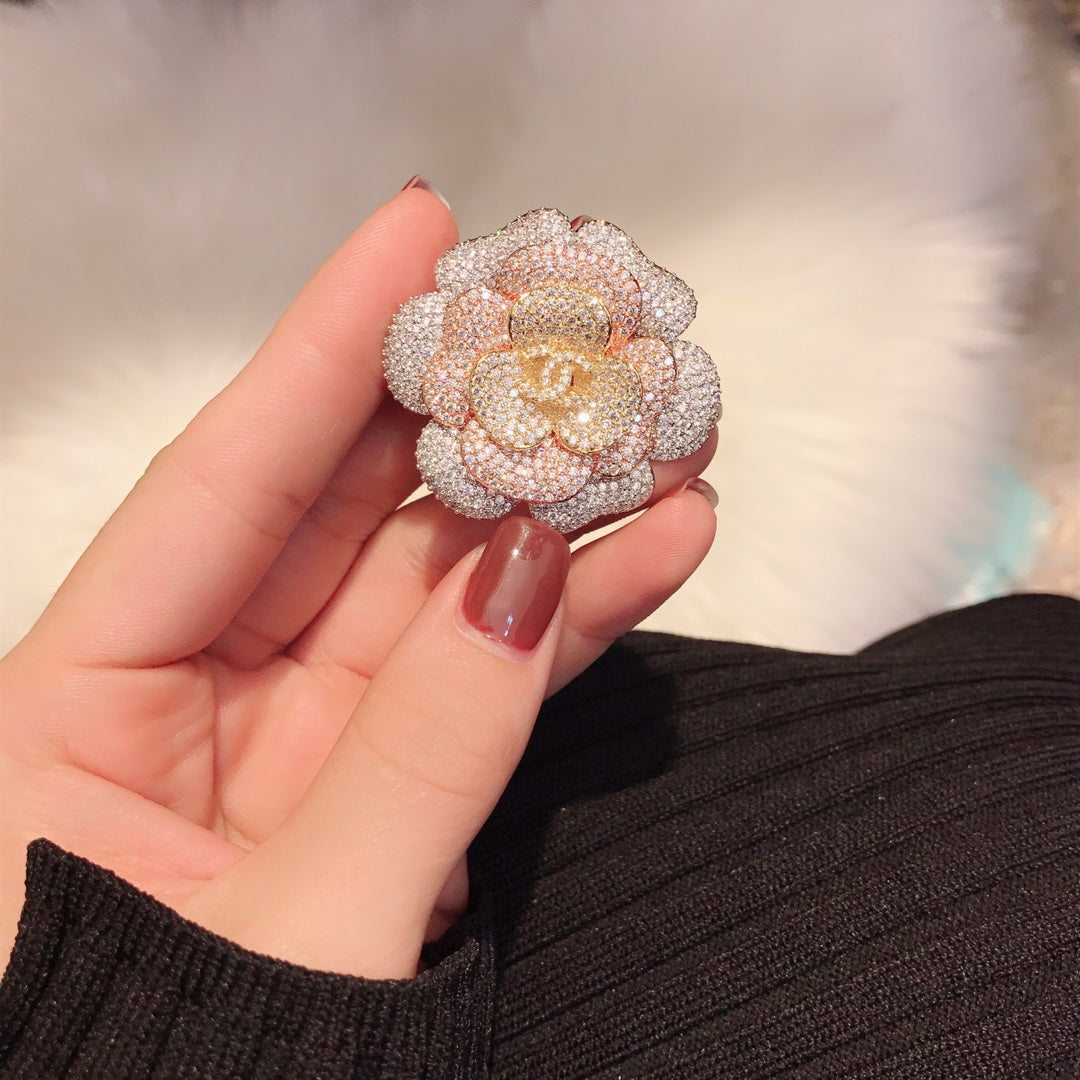 Chanel Pink Flower Diamond 18K Gold Brooch