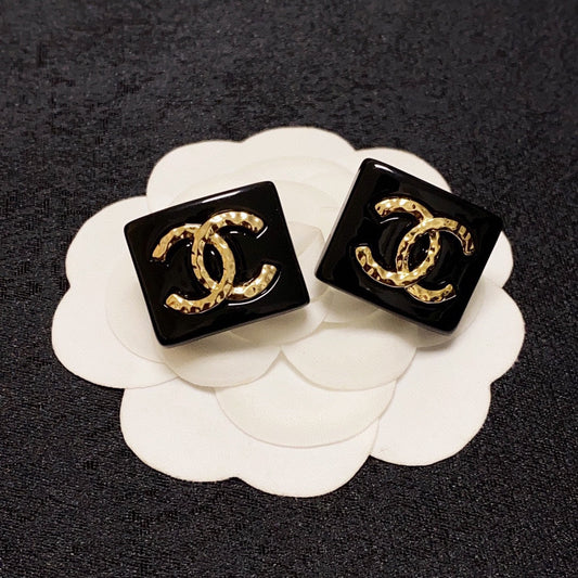 Chanel Black Resin Square 18K Gold Earrings