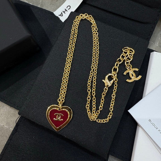 Chanel Black & Red Heart Gold 18K Gold Necklace