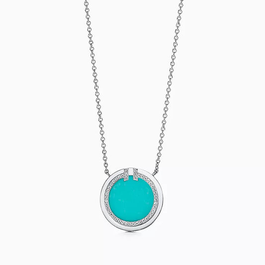 Tiffany Diamond & Turquoise Circle Pendant 18K Gold Necklace